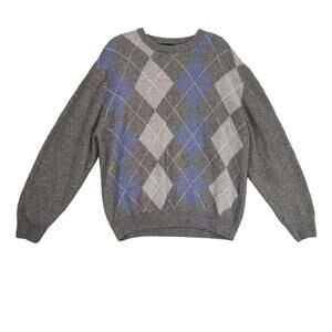 Jos A Bank Men's XL Gray Argyle Sweater, Lambs Wool Crew Neck Pullover Preppy